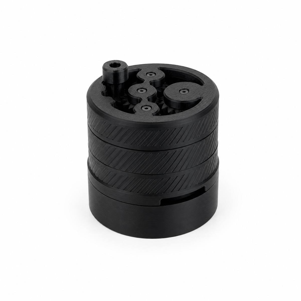 Spirobutor 1000 WDT tool fully assembled, matte black 3D printed espresso distribution tool